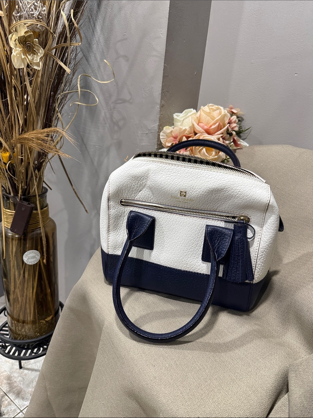 kate spade White and Navy Two-Tone Dome Satchel